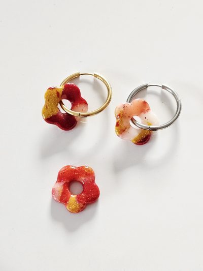 créoles interchangeables petite fleur rouge or blanc